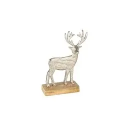 Deko-Figur Hirsch; Handarbeit - Metall silber, Holzsockel