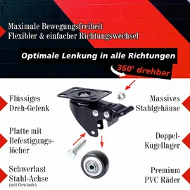 PRIOstahl Schwarze Transportrollen 40mm 4x Lenkrollen mit Bremse inklusive Befestigungsmaterial