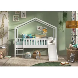 Hausbett VIPACK "Dallas", weiß, B:96,5cm H:201,8cm L:209cm, Betten, inkl. Rolllattenrost und Leiter, wahlweise mit oder ohne Rutsche