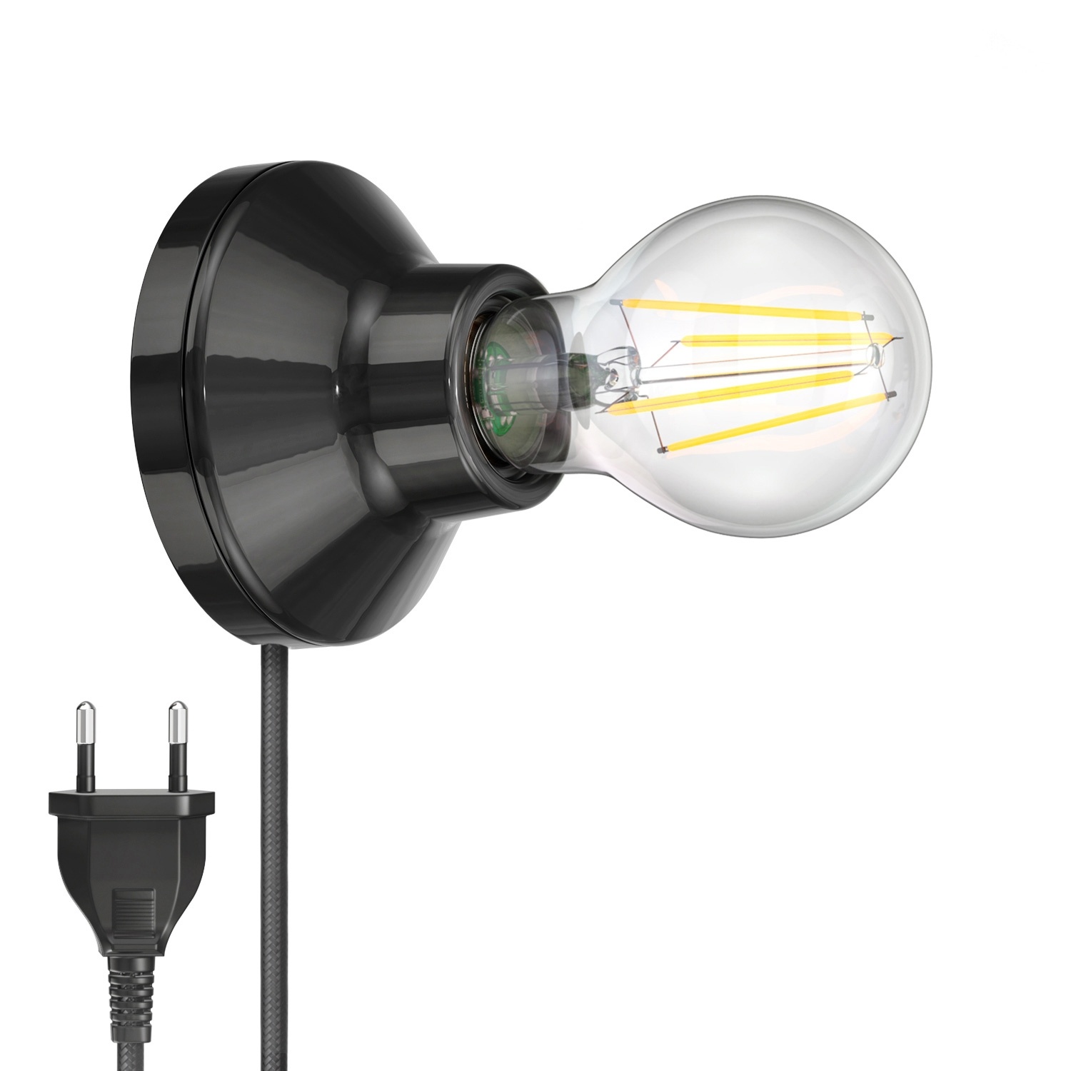 ledscom.de Porzellan Wand-Leuchte Elektra rund Stecker Schalter schwarz 90mm + E27 LED Lampe warmweiß 3-Stufen Dimmen: max. 963lm