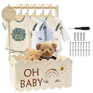 QSLKI Wooden Baby Gift Basket with Handle, Dekorative Baby Duschkorbe, Hohlmuster, Bequeme Aufnahme maßgeschneiderter Babykorb für Schwangere neue Eltern (Sonnenaufgang + Regenbogen)