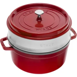 Staub Cocotte 26 cm rund kirschrot mit Dämpfeinsatz