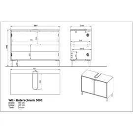 Germania Waschbeckenunterschrank 5000 Weiß/Eiche 80 cm x 60 cm x 34 cm