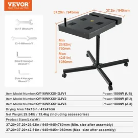 Vevor Blitztrockner für Siebdruck Schnelltrockner 41 x 41 cm, 0–750 °F Temperaturregelung, Hochleistungs-Siebdrucktrockner mit höhenverstellbarem Ständer, 360°-drehung, T-shirt-härtungsmaschine