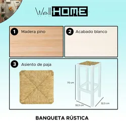 WellHome - Rustikale quadratische hohe Bank aus Holz, Weiß-Finish 32,5x32,5x70 cm