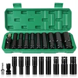 11Pcs Schlagschrauber Nüsse Set 1/2 Zoll Steckschlüsselsatz 10-24mm, Stecknuss Set 1/2 Zoll mit Stecknuss Adapter und Verlängerungsstange, Sechskant Stecknüssel für Autoreparaturen Reifenwechsel