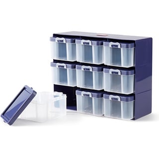 Prym 612399 Sortierkasten mit 9 Boxen, Organizer für kleinteiliges Nähzubehör, Kunststoff, pflaumeblau/transparent, 27 x 12 x 21cm