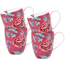 Becher PIP STUDIO "Flower Festival", rosa, B:13,7cm H:11,1cm Ø:9,4cm, Porzellan, Trinkgefäße, Kaffeetassen im 4er Set, Blumenfest, 450 ml