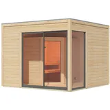 Woodfeeling Karibu Saunahaus Terning 1 mit Vorraum - 38 mm naturbelassen Set A Set C (Sauna B 1,34 x T 1,34 m mit 2 Liegen 57/52 cm) Ohne Ofen inkl. gratis Zubehörpaket (Gesamtwert 191,92€)