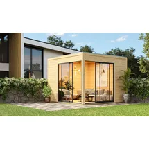 Karibu Design Gartenhaus Dice 3 mit 2 Aluminium Schiebetüren - 38 mm, inkl. Fußboden und selbstklebende Dachfolie