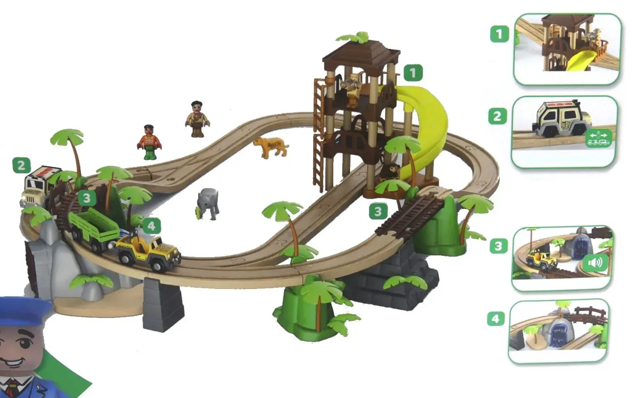 Playtive Eisenbahn-Set Dschungl aus Holz 47-teilig Spielzeug Spaß Geländewage...