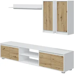 Dmora Wohnwand Wells, Wohnzimmerset, Mehrzweck-Wohnzimmermöbel, Komposition für modernes Wohnzimmer, 200x40h114 cm, Weiß und Eiche