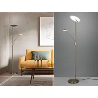 LED Deckenfluter mit Leselampe in Altmessing schwenkbar & dimmbar hinter Sofa