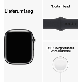 Apple Watch Series 8 GPS + Cellular 45 mm Edelstahlgehäuse graphit, Sportarmband mitternacht