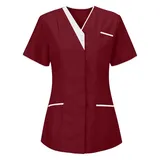 LuckyLucy Damen Pflege Schlupfkasack Kasack, Krankenpfleger Berufsbekleidung mit Taschen Kurzarm V-Ausschnitt T Shirts Tops Schönheitssalon Pflegeheim Kosmetikerin Nurse Uniformen, B-rot, 3XL - 3XL