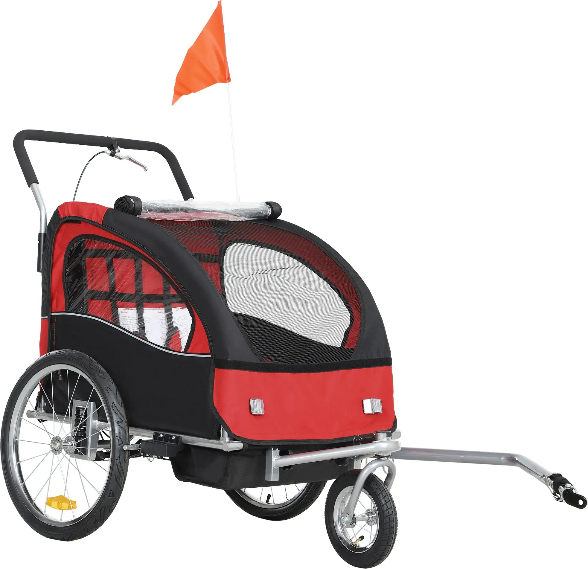 HOMCOM Fahrradanhänger für Kinder 2-in-1 Kinderwagen Fahrradanhänger 2 Sitze mit 5-Punkt-Sicherheitsgurt, Reflektoren, Fahne und Windschutz, Traglast 40 kg, rot   Aosom