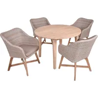 Garden Pleasure Gartenmöbel Set ARVADA / OAKLAND, Tisch Ø 110 + 4 Sessel, Akazie / Polyrattan Zimtbraun / Kissen 100 % Polyester Taupe