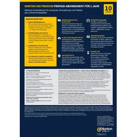NortonLifeLock Norton 360 Premium 2026 10 Geräte 1 Jahr DE Win Android iOS