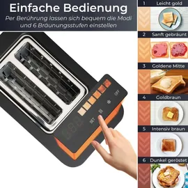 Klamer Toaster, Toaster mit Brötchenaufsatz, hochwertiger 2 Scheiben-Toaster, 6 Bräunungsgrade, Touch Display, mit Krümelschublade, Matt Schwarz