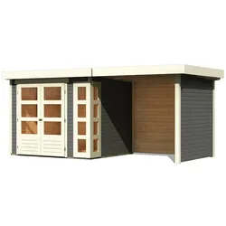 Karibu Gartenhaus Kerko 3 mit 240 cm Anbaudach, Seiten- und Rückwand - 19 mm-terragrau