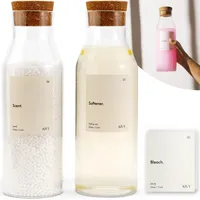 KIVY Waschmittelspender Glas mit Etiketten [2x 1200ml] Weichspüler Aufbewahrung Waschmittel Aufbewahrung Flüssig - Behälter für Waschpulver Aufbewahrungsbox Organizer - Flüssigwaschmittel Spender