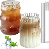 2 Stück Gerippte Trinkgläser, 530ml Bubble Gläs mit Glasstrohhalmen Latte Macchiato Gläser Cocktail Gläser Eiskaffeegläser Longdrinkgläser mit Bürsten Benutzt für Cocktail Milch Wasser Soda Geschenk