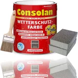 Consolan Wetterschutzfarbe Set 2,5 l Holzfarbe Dauerschutz Deckend mit Zubehör (Kaffeebraun)