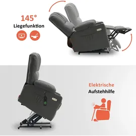 MCombo M MCombo Relaxsessel mit Aufstehhilfe & Liegefunktion, Fernsehsessel elektrisch verstellbar, Tv Sessel mit Massage & Wärmefunktion, für Senioren ... - Grau