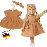 Heless 1425 Puppenkleid % Bio-Baumwolle mit Rüschen und Haarband, karamell, 2-teilig,