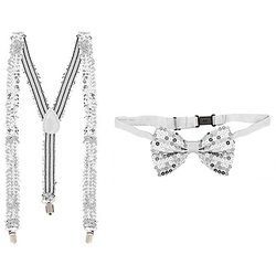 Set Hosenträger & Fliege "Pailletten", silber