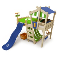 WICKEY Kinderbett, Hochbett Crazy Hutty mit Blauer Rutsche aus Massivholz & weiterem Spielzeugzubehör 90 x 200 cm – Plane apfelgrün/blau - individuell Gestaltbar