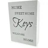 WB wohn trends Schlüsselkasten aus Holz, Shabby Weiß, Home Sweet Home Welcome Design, 32x22x7cm, Schlüsselbrett mit Schlüsselhaken
