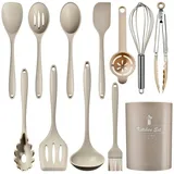 12 Stück Silikon Küchenutensilien-Set,Khaki Küchenhelfer Set Antihaft Hitzebeständiger Kochgeschirr mit Utensilienhalter,Silikon Komplett-Küchenhelfer Set,Spülmaschinengeeignet(Khaki)