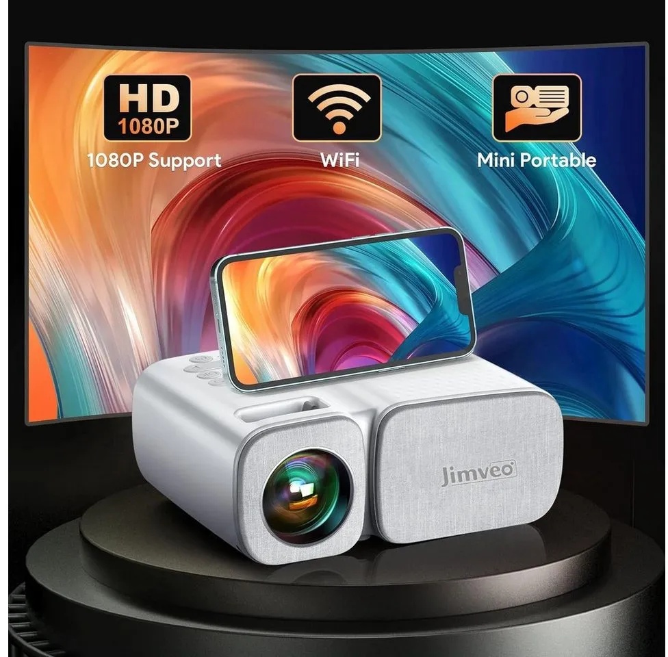 Jimveo 1080p Full HD Mini WiFi Portabler Projektor (9000 lm, 3840 x 2160 px, Kompatibel mit TV Stick/X-Box/DVD/Laptop/Smartphone) weiß