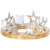 levandeo Adventskranz ø30cm Mango Holz Silber Natur Kerzenhalter Sterne Weihnachten Teelichthalter Weihnachtsdeko Kerzenständer Tischdeko Deko