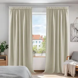 Deconovo Blickdichte Gardinen Verdunkelungsvorhänge mit Kräuselband Schlafzimmer 210x140 cm Creme, 2er Set