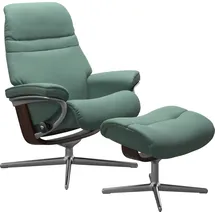 Stressless Relaxsessel STRESSLESS "Sunrise", grün (aqua grün paloma), B:79cm H:103cm T:73cm, Leder PALOMA: PALOMA ist ein durchgefärbtes Semianilin-Möbelleder mit natürlicher Narbung., Sessel, Relaxsessel, mit Hocker, mit Cross Base, Größe S, M & L, Holzakzent Braun