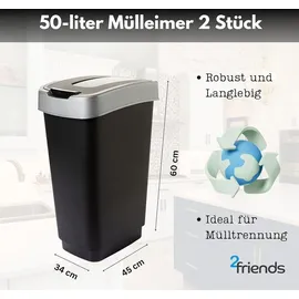 livinja 1er Set Kunststoff Mülleimer mit Schwingdeckel Abfalleimer 50L schwarz/silber - Schwarz