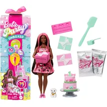 Barbie Party Unboxed Puppe und Accessoires, Haustier-Geburtstagsserie, Shimmerin’ Hearts-Set mit 10 Überraschungen, inklusive Farbwechseleffekt und Kuchendekoration, JFG71