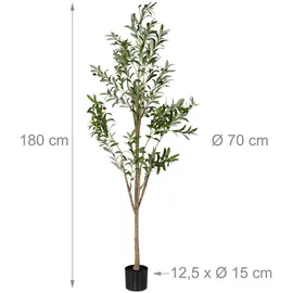 Relaxdays Olivenbaum künstlich, 180 cm hoch, Kunststoff, Stein, Kunstpflanze, Deko-Olivenbaum, Kunstbaum, grün/braun