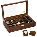 Slege Uhrenbox aus Holz mit 6 Fächer,Uhrenkasten Glasdeckel,Uhrenetui für Herren,Uhrenaufbewahrungsbox und Schmuckkästchen,Sonnenbrillenbox,Uhrenbox Organizer für Männer und Frauen,für Ringe,Ohrringe