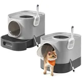 FEANDREA Katzentoilette, XXL, mit Deckel, ausziehbares Tablett, Schaufel, Bürste schwarz