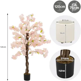 ML-Design Künstlicher Kirschblütenbaum 120 cm Rosa, mit Naturholzstamm im Topf für Innen & Zubehör, Kunstpflanzen