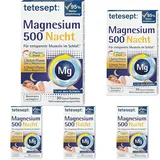 tetesept Magnesium 500 Nacht – Nahrungsergänzungsmittel mit hochdosiertem Magnesium – entspannte Muskeln im Schlaf mit Magnesium Tabletten – 1 x 30 Tabletten (Packung mit 5)