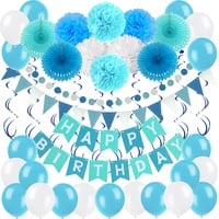 Zerodeco Geburtstagsdeko, Happy Birthday Wimpelkette Banner Girlande mit Pompoms Papier Girlande Fans Fächer Dreieckige Wimpel Spiral Girlanden und Luftballon - Blau