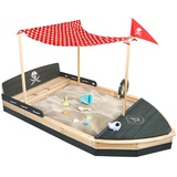 Balinco Piratenschiff Sandkasten aus Holz | Boot | Segelschiff | Sandkiste | Sandbox mit rotem Sonnensegel & Flagge, Abdeckung, Vlies Bodenplane, Kordel, Flaggenmast & Steuerrad für Kinder Anthrazit/Grau