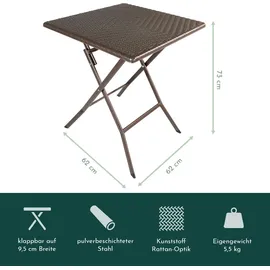 Lemodo Klapptisch in Rattan-Optik, Balkontisch mit Tischplatte 62 x 62 cm (L x B)