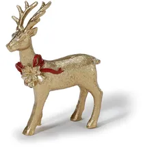 INGE-GLAS Weihnachtsfigur Hirsch 9,5cm stehend Keramik Weihnachtsdeko Dekofigur mit Glocken Deko Gold rot