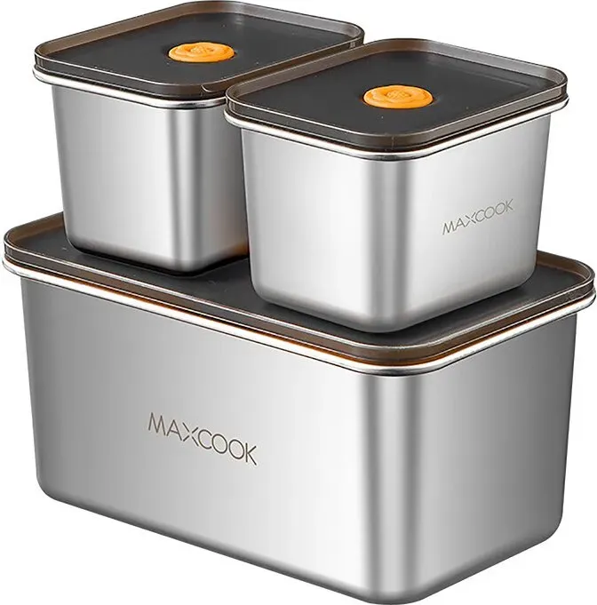 Maxcook 3 Stück - Gemüsefach aus Edelstahl 304, Lunchbox, Kühlschrank, versiegelte Aufbewahrungsbox MCFT1434 - mit Deckel