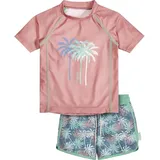 Playshoes Unisex Kinder UV-Schutz Bade-Set zweiteilig Schwimmshirt Badeshorts Badebekleidung, Palmen Koralle, 74/80